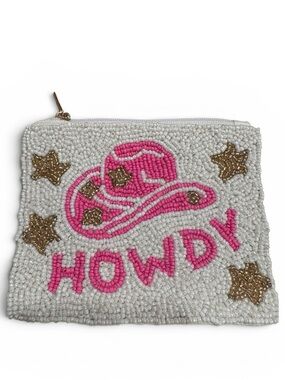 Pink Cowboy Hat “Howdy” Seed Bead Coin Purse Zip Pouch